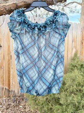 Phildar (French) 90s Teal Plaid Sheer Preppy Top never worn women's size 38 / S